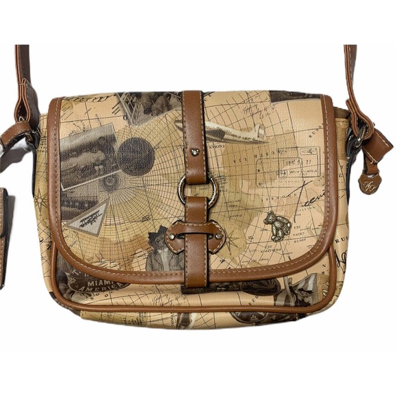 Teenie Weenie Gold Teddy Bear Brown Map Print Adjustable Strap Handbag Purse - Picture 2 of 12